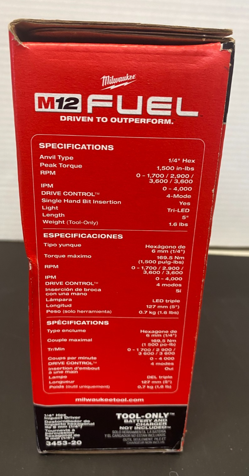 MILWAUKEE M12 FUEL 1/4" HEX IMPACT DRIVER 3453-20 *NIB, SEE PICS*