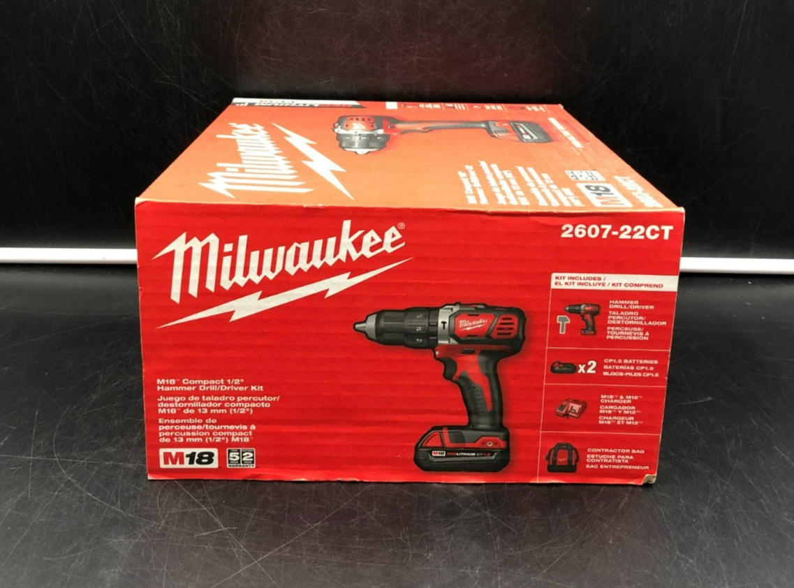 Milwaukee 2607-22CT M18 Red Lithium Compact 1/2" Hammer Drill/Driver Kit - NEW