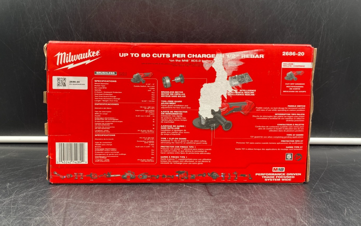 Milwaukee 2686-20 M18 Brushless 4-1/2" / 5" Cut-Off Grinder, Paddle Switch - NEW
