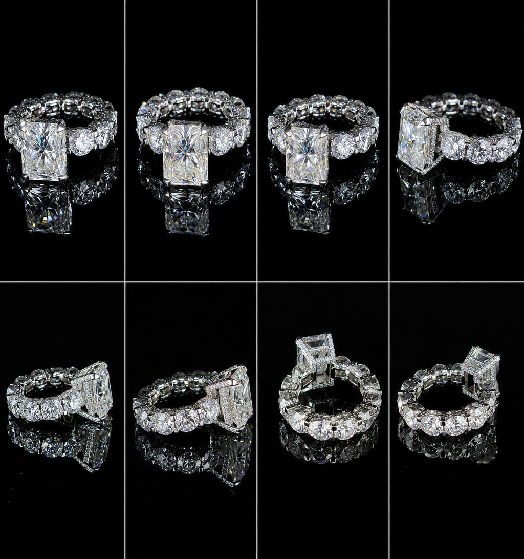 Custom 14K WG Radiant Cut Moissanite Engagement Ring|Hidden Halo|Diamond Accents