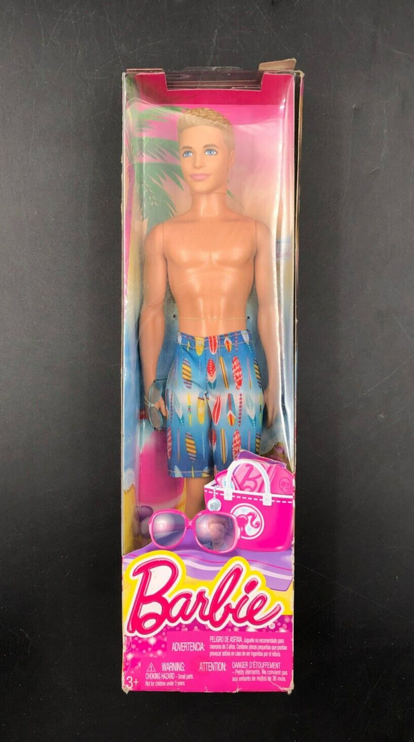 2013 Mattel: Barbie - Beach Blonde Ken Doll with Surfboard Swim Trunks - NEW