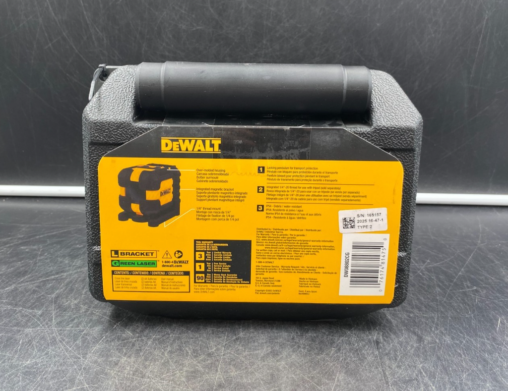 DeWalt DW08802CG 55'/16.7m Range Self-Leveling Cross Line Laser Level Green -NEW