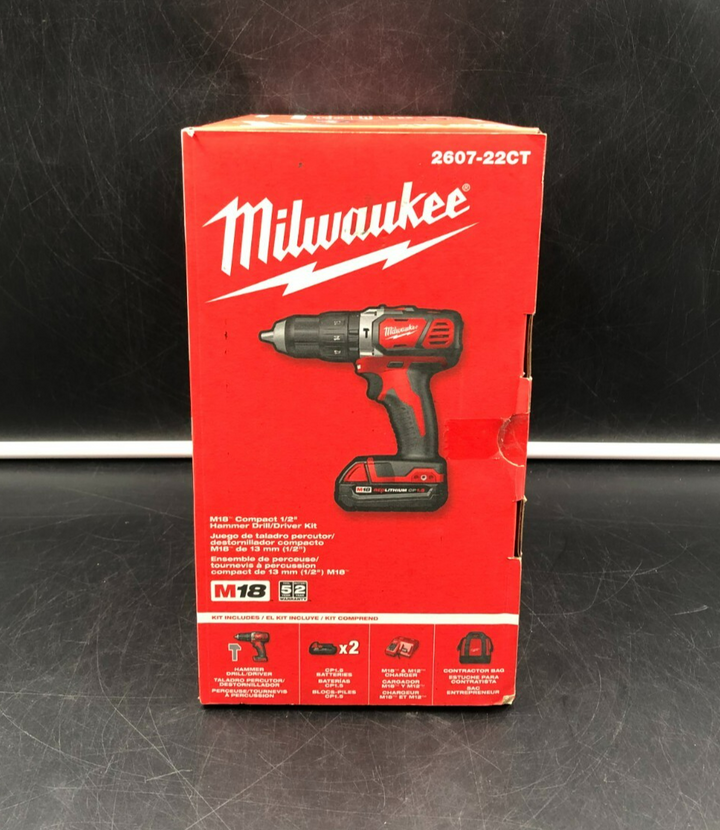 Milwaukee 2607-22CT M18 Red Lithium Compact 1/2" Hammer Drill/Driver Kit - NEW
