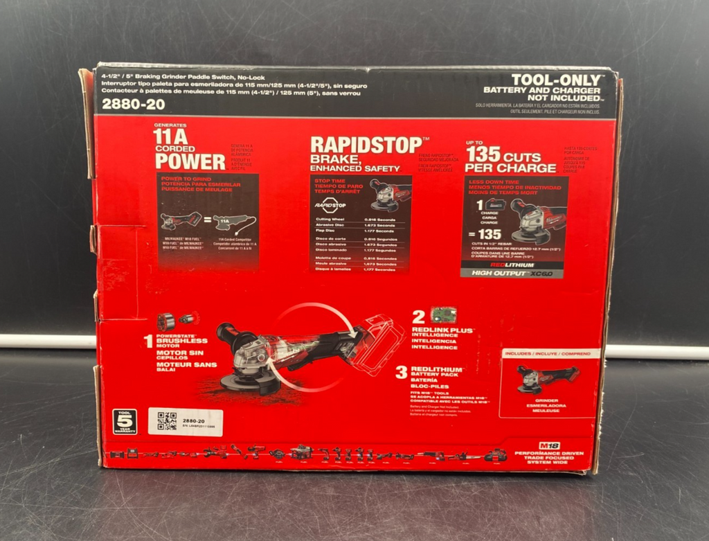 Milwaukee 2880-20 M18 Fuel 4-1/2" / 5" Braking Grinder Paddle Switch, No-Lock