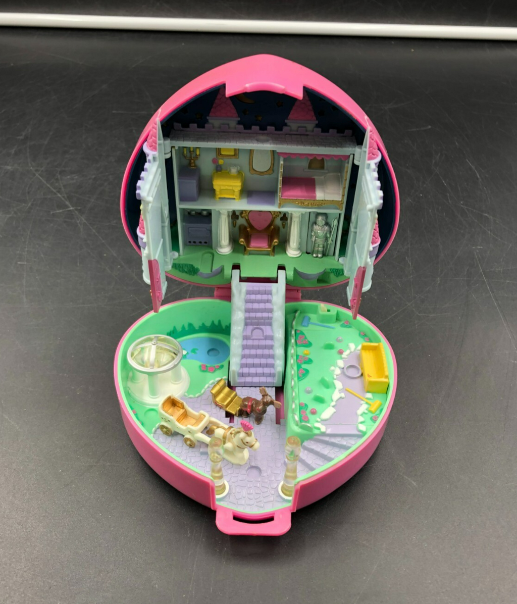 1992 Polly Pocket Pink Heart Playset with Horse Carriage + Reindeer Minifigures