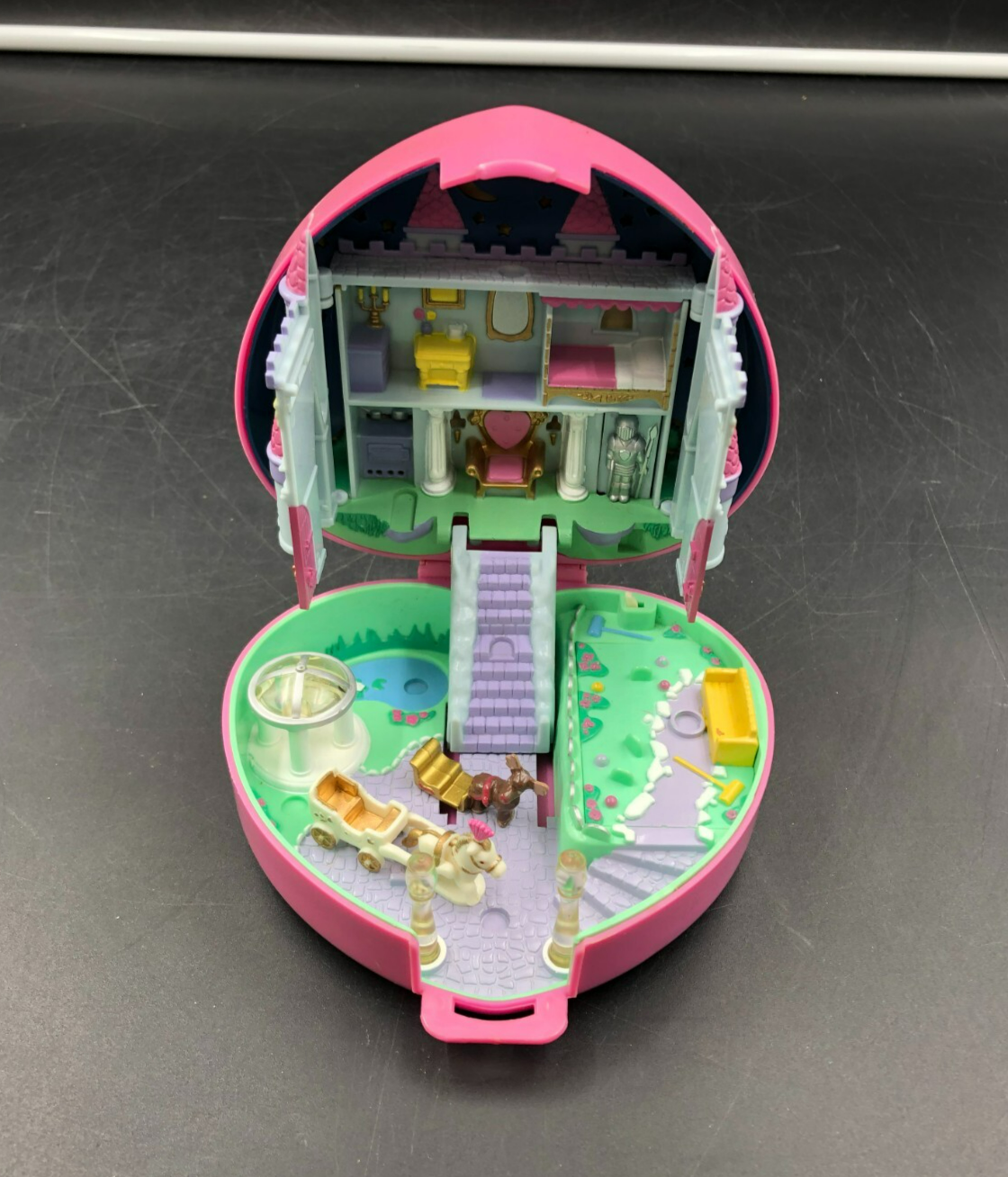 1992 Polly Pocket Pink Heart Playset with Horse Carriage + Reindeer Minifigures