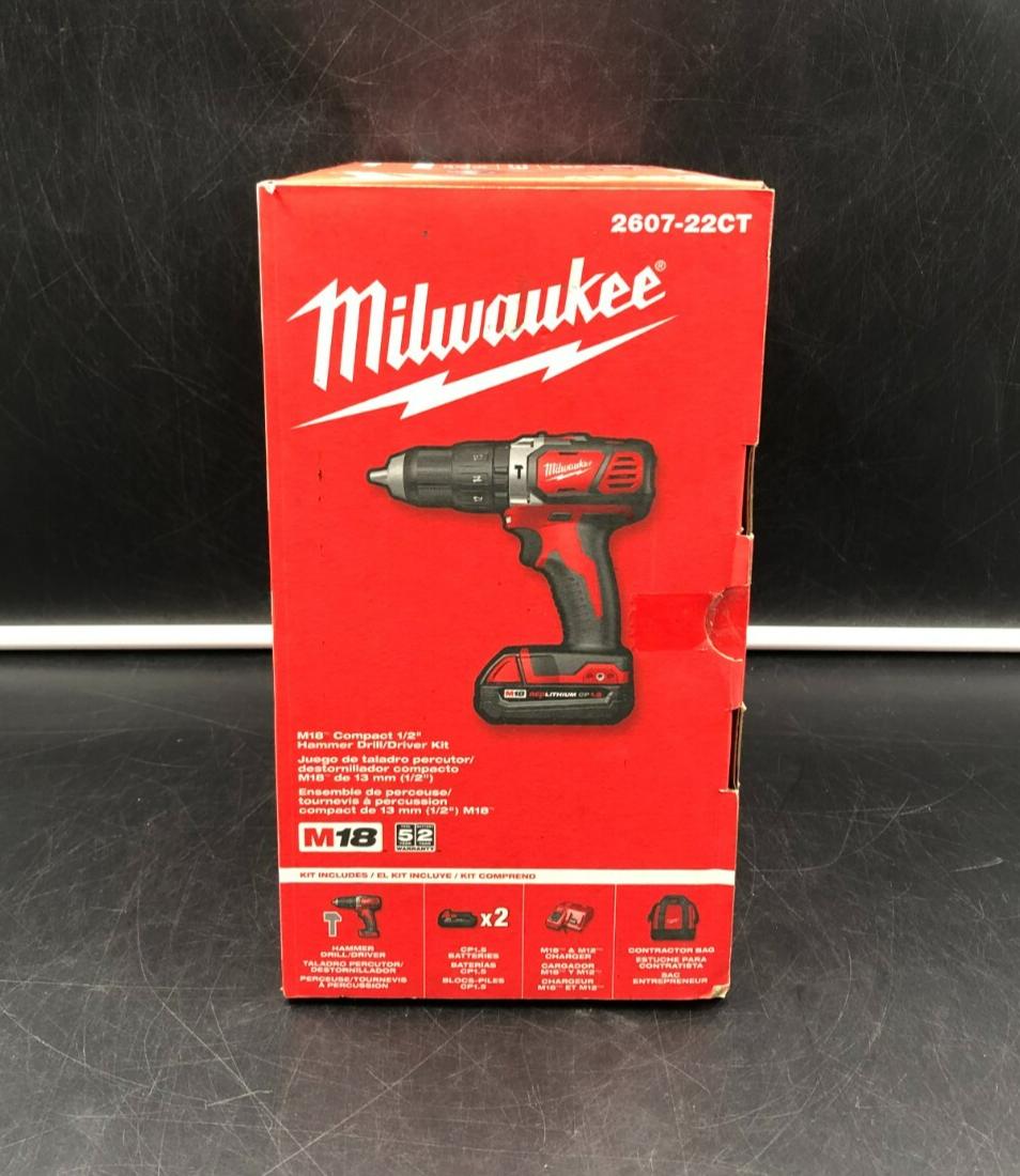 Milwaukee 2607-22CT M18 Red Lithium Compact 1/2" Hammer Drill/Driver Kit - NEW