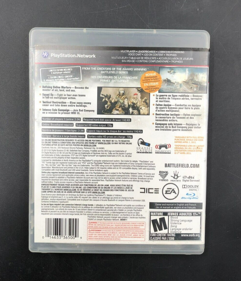 Battlefield: Bad Company 2 - Limited Edition (PlayStation 3, PS3) w/ Manual +VIP
