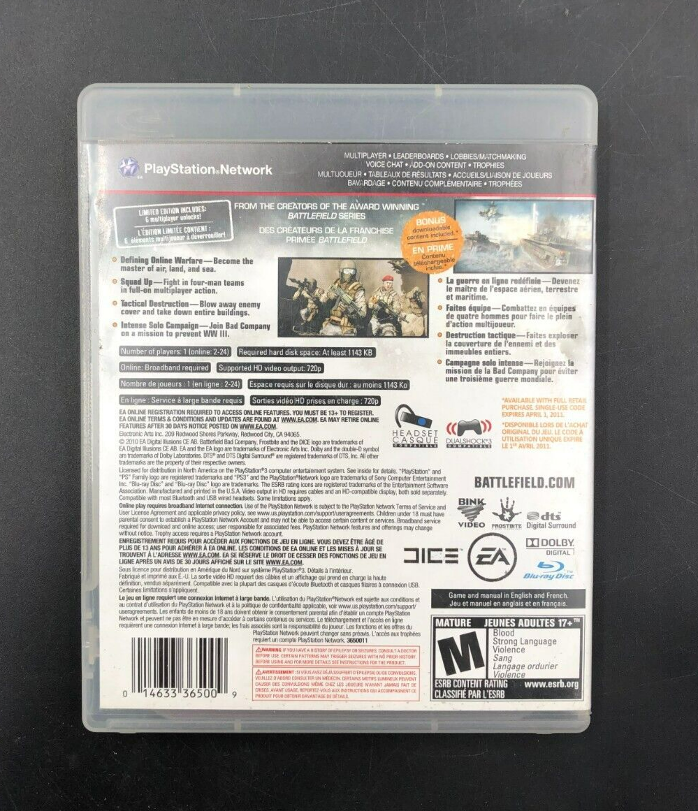Battlefield: Bad Company 2 - Limited Edition (PlayStation 3, PS3) w/ Manual + Ad