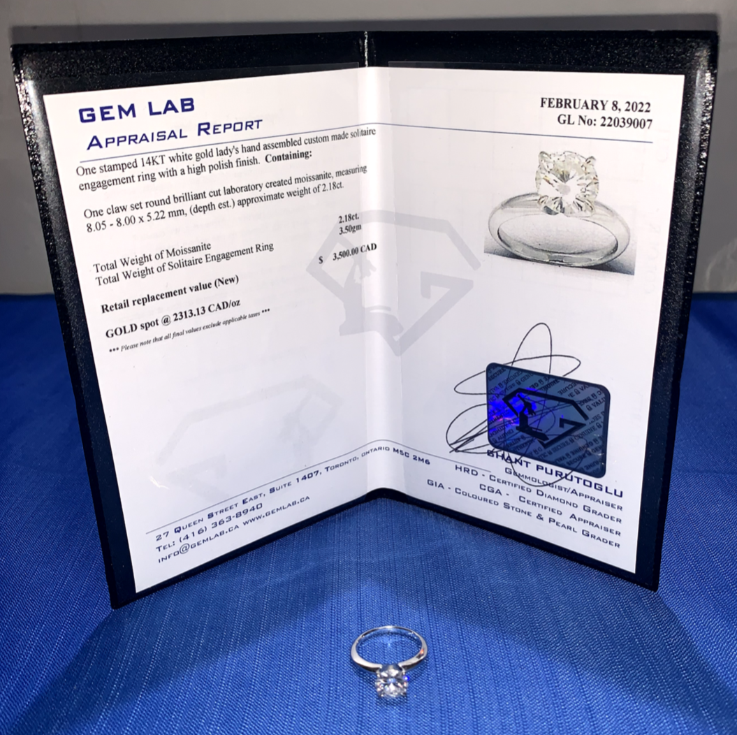 14KT White Gold Lady's Custom Made Solitaire Engagement Ring with Appraisal