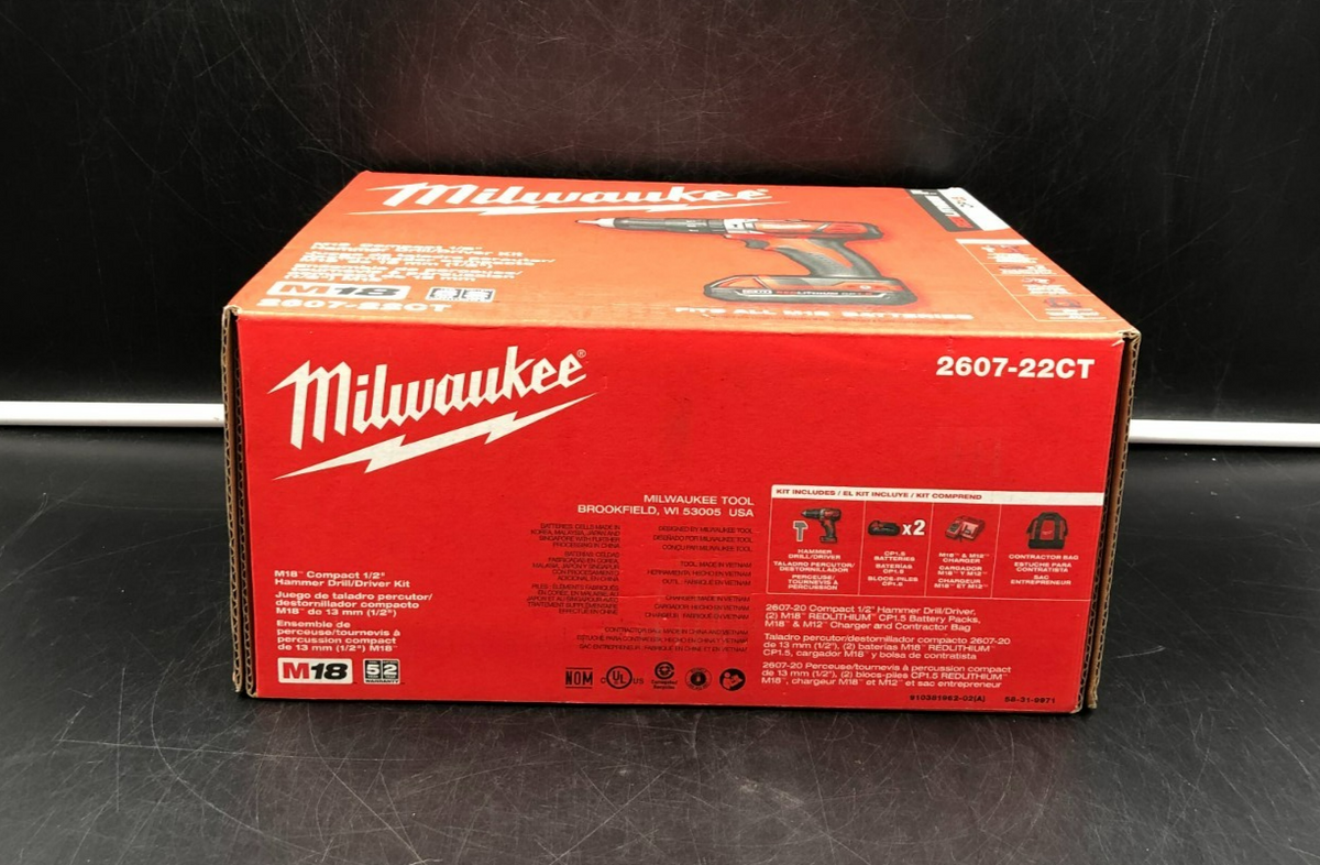 Milwaukee 2607-22CT M18 Red Lithium Compact 1/2" Hammer Drill/Driver Kit - NEW