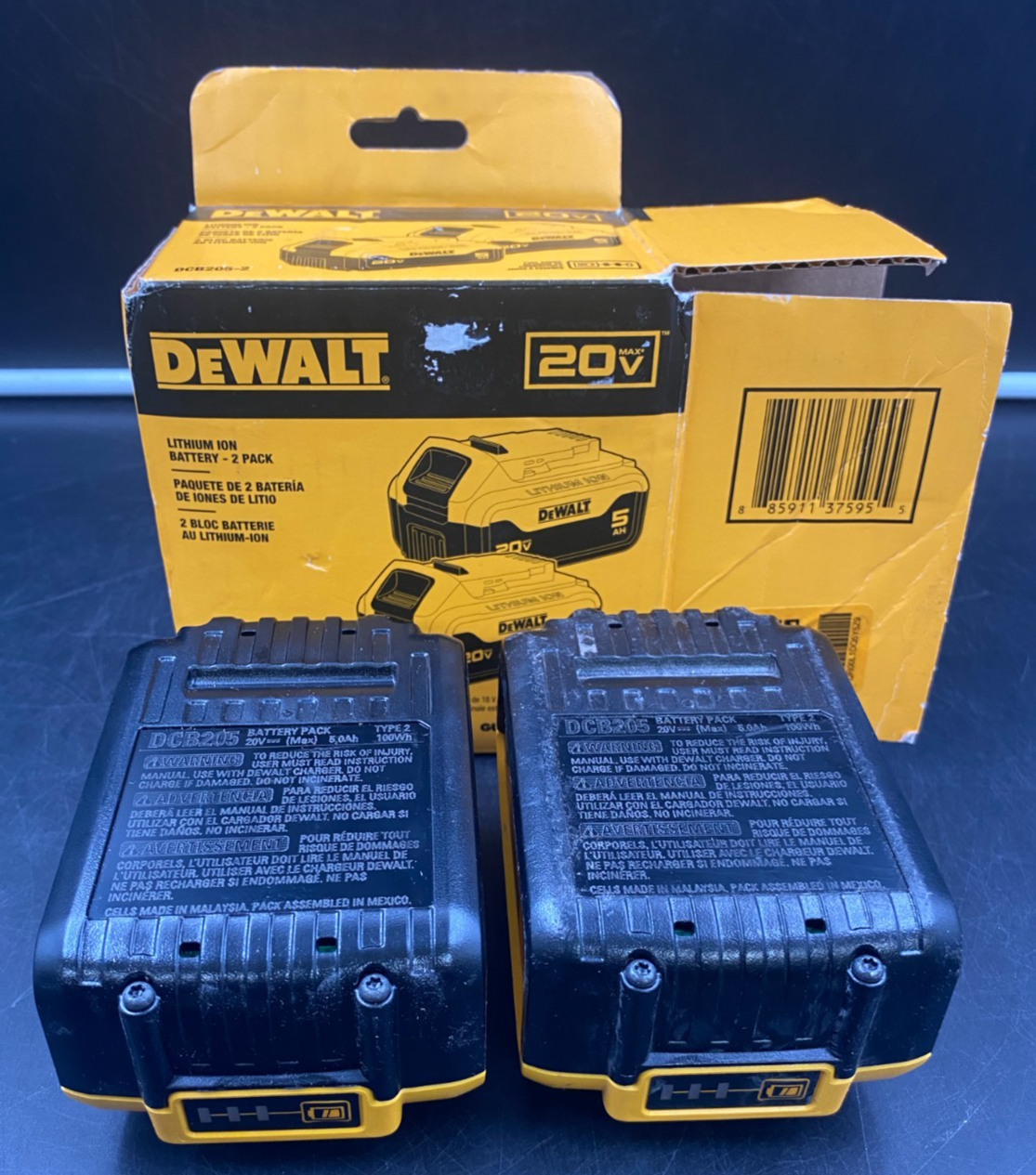 DEWALT 5AH 20V BATTERY - 2 PACK DCB205-2 *USED, SEE PICS*