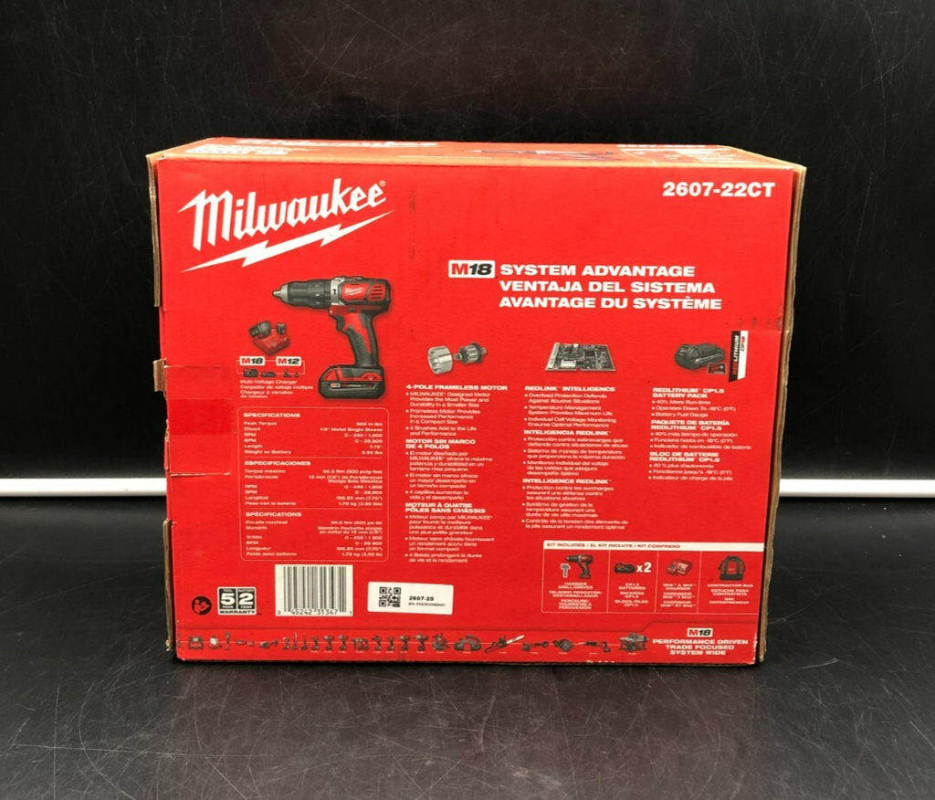 Milwaukee 2607-22CT M18 Red Lithium Compact 1/2" Hammer Drill/Driver Kit - NEW