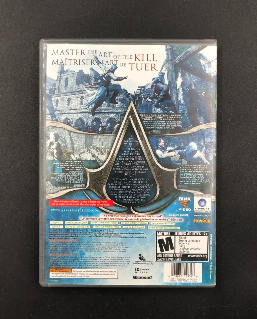 Assassin's Creed (Microsoft XBOX 360) in Case w/ Manual + Bonus Disc