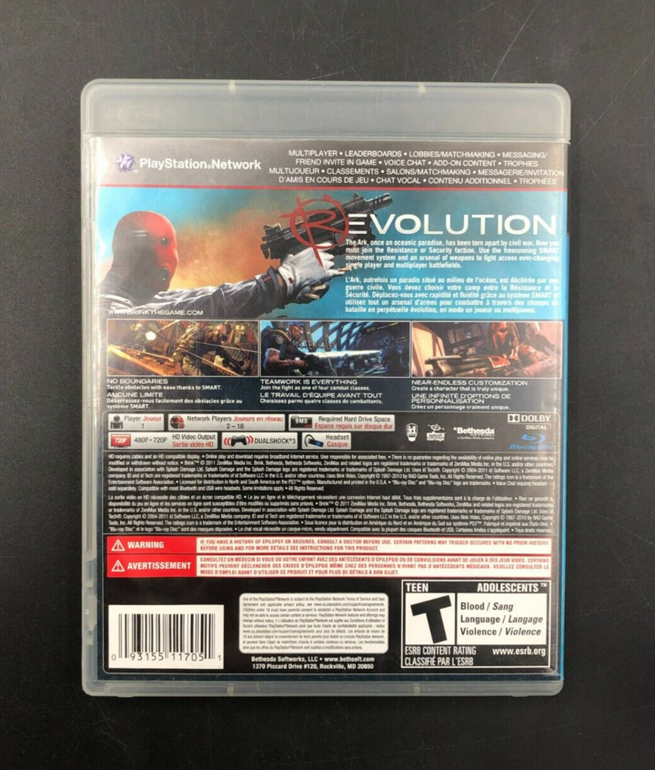 Brink (PlayStation 3, PS3) w/ EN/FR Manuals + Insert