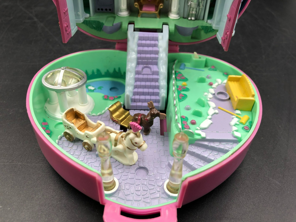 1992 Polly Pocket Pink Heart Playset with Horse Carriage + Reindeer Minifigures