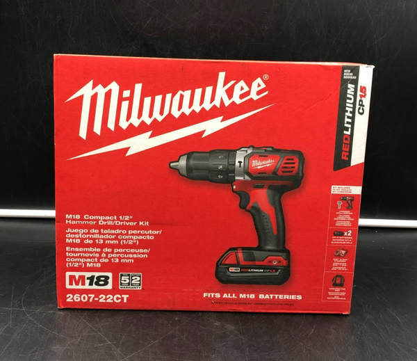 Milwaukee 2607-22CT M18 Red Lithium Compact 1/2" Hammer Drill/Driver Kit - NEW