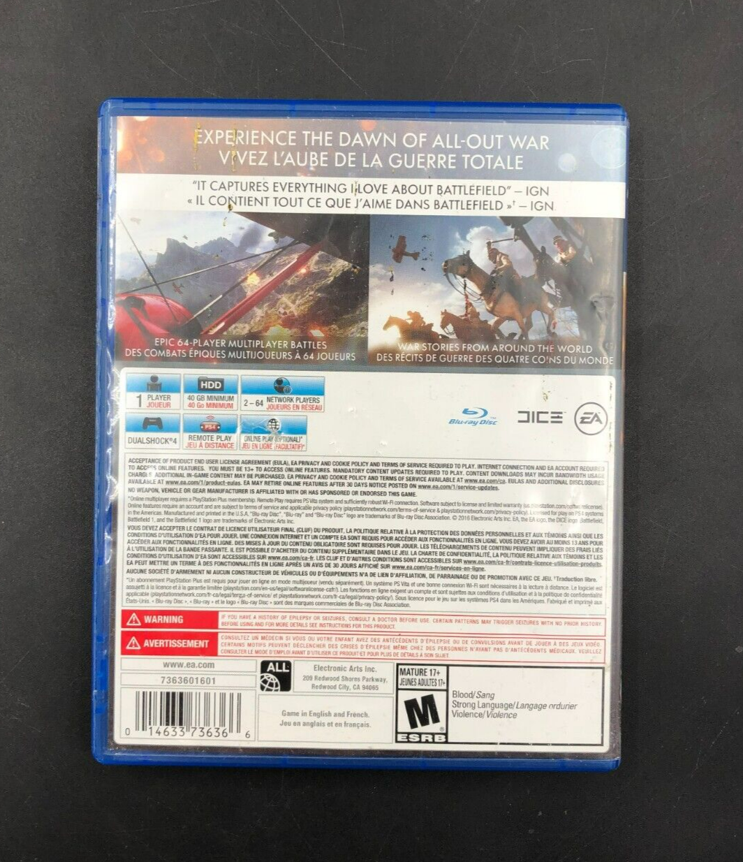 Battlefield 1 (Sony PlayStation 4, PS4) in Case w/ Inserts