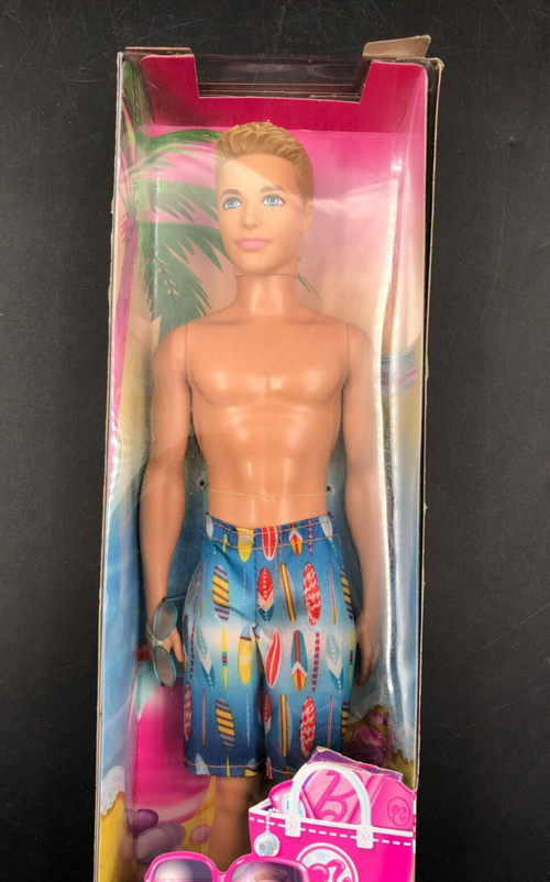 2013 Mattel: Barbie - Beach Blonde Ken Doll with Surfboard Swim Trunks - NEW