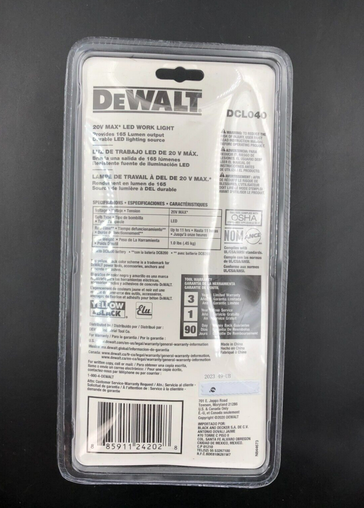 DeWalt DCL040 20V MAX LED Work Light 165 Lumens - BRAND NEW