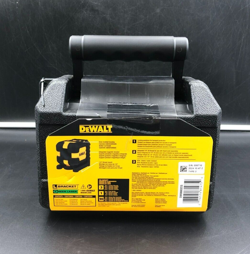 DeWalt DW08802CG 55'(16.7m) Range Self-Leveling Cross Line Laser (Green) - NEW