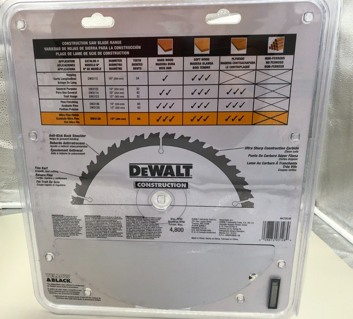 DEWALT CONSTRUCTION 12" 80T TABLE SAW BLADE DW3128 NEW