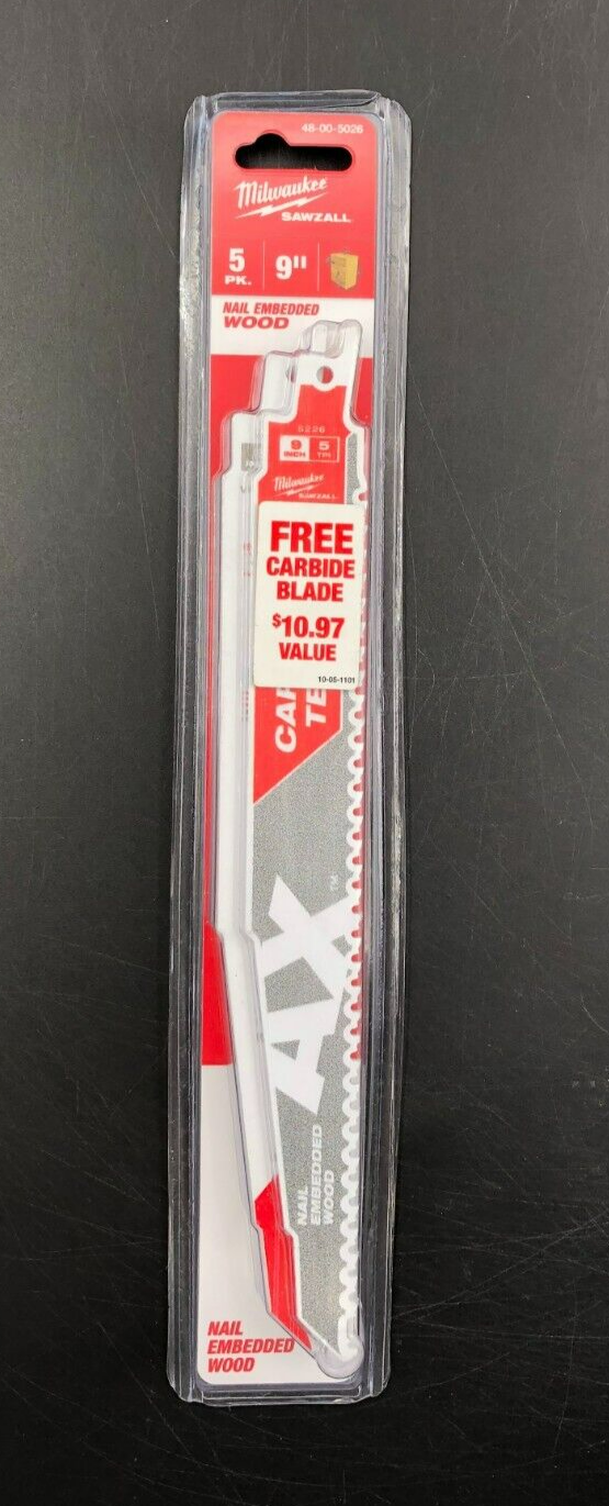 Milwaukee SAWZALL Nail Embedded Wood 9" Blades 5pk. (48-00-5026) - NEW